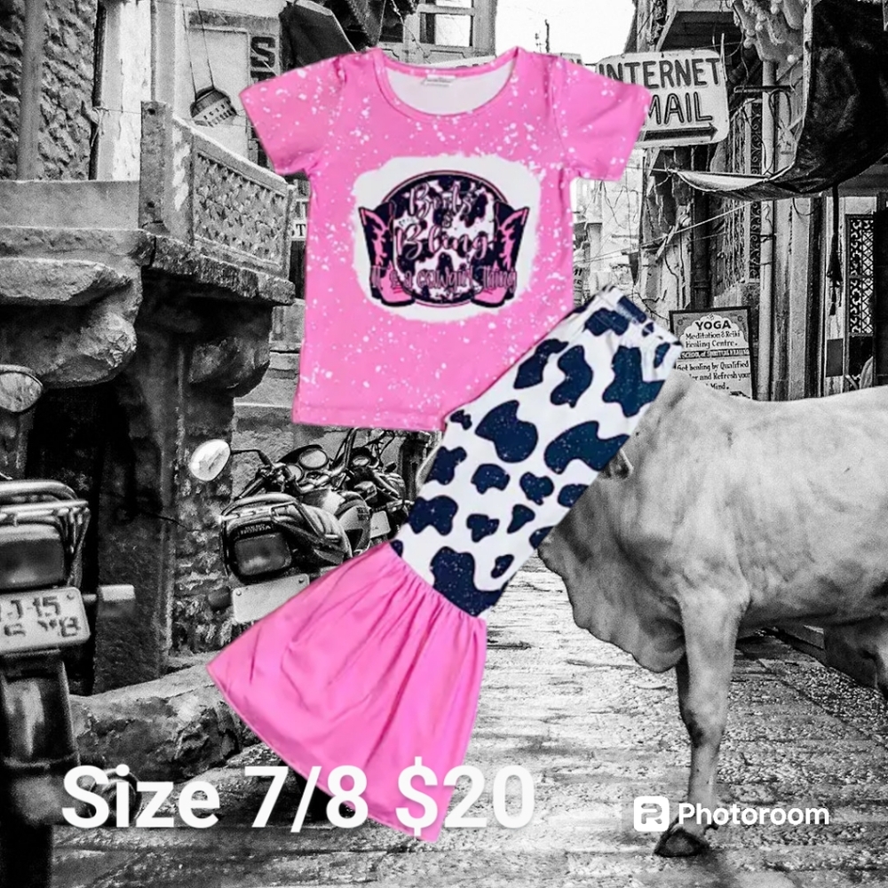 Pink Graphic Tee and Cow Print Set Size 7/8